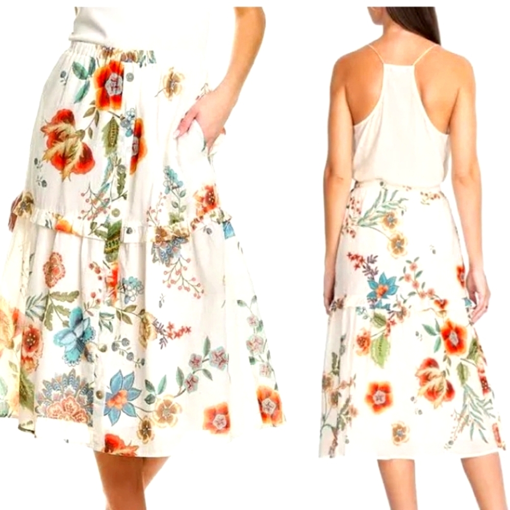 {Johnny Was} Ekru Ardell Tiered Ruffle Midi Skirt, Size M